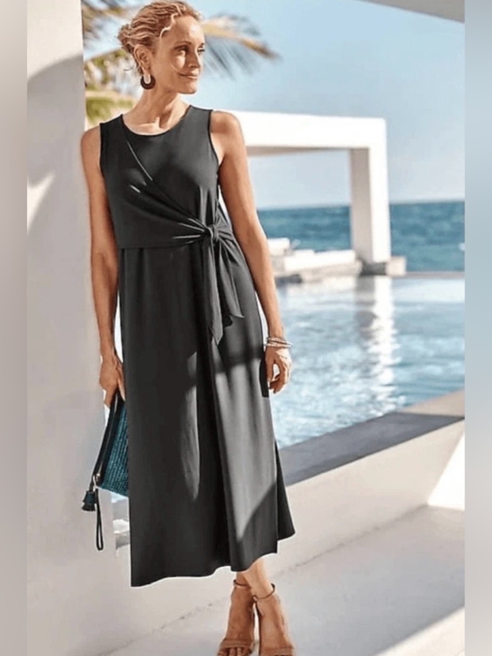 J Jill NWT Wearever Lava Rock Gray Tie Waist Jersey Stretch Knit Maxi Dress XS